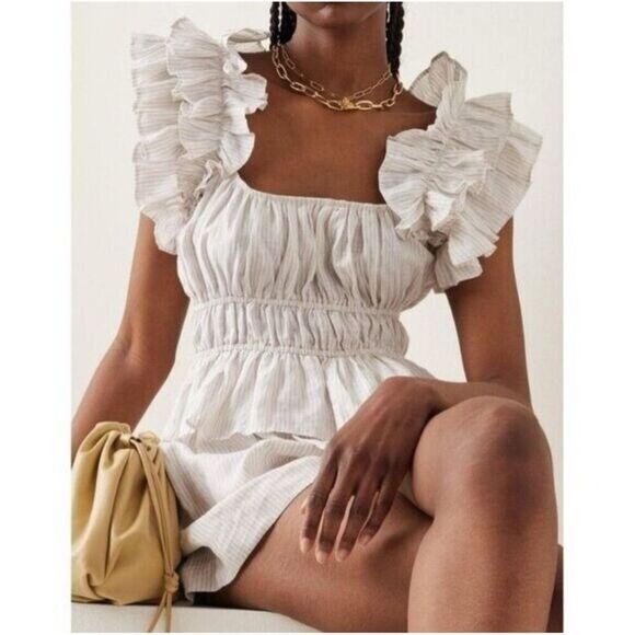 Ulla Johnson‎ Paloma Ruffle Top in Sand Stripe Linen Women’s Size 6 - Picture 1 of 8